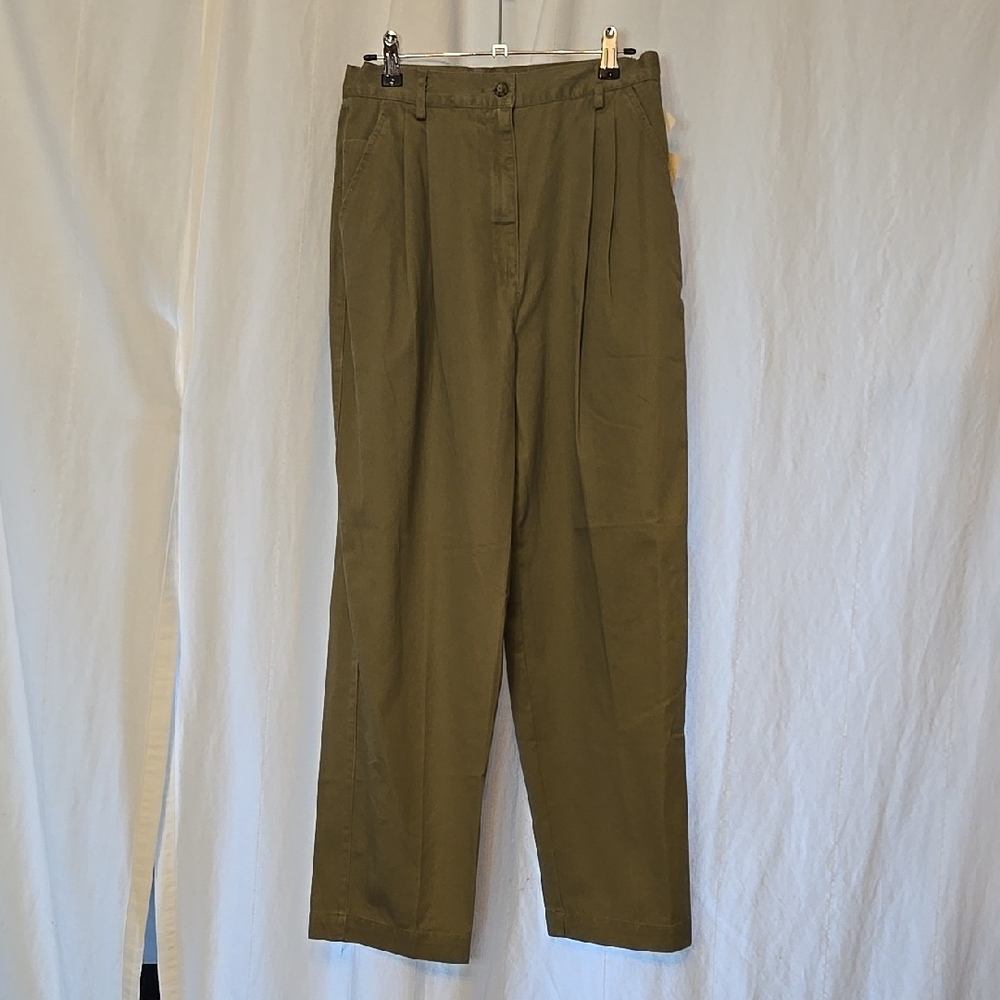 NWT 90s Pleat Front High Waist Relaxed Fit Green Khakis Slacks 100% Cotton 12P